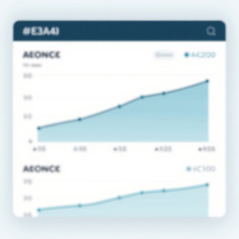 A minimalist digital interface showing clear data charts using a #1E3A4D and #A0C2D9 palette.