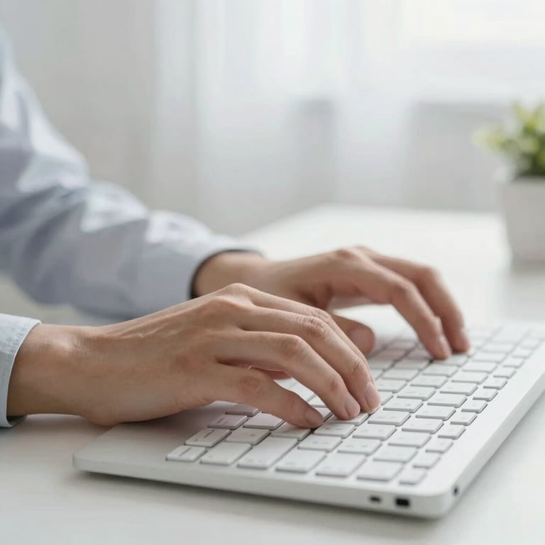 A person's hands typing on a sleek, white keyboard in a professional, brightly lit room.