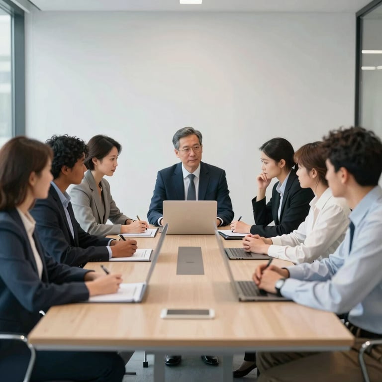 A group of diverse professionals having a focused meeting in a minimalist conference room with blue accents.