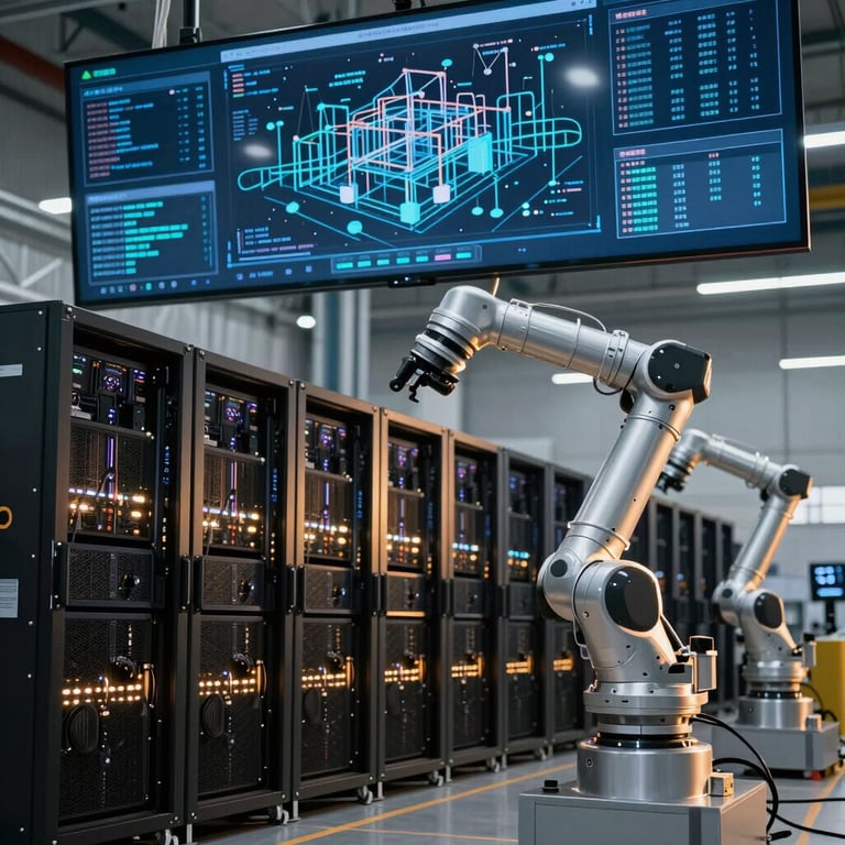 Cavernous automated robotic fulfillment center in Shanghai, glowing server racks and abstract data-dense supply chain visualization dashboards on overhead screens, cold silver lighting with golden-hour rim highlights.