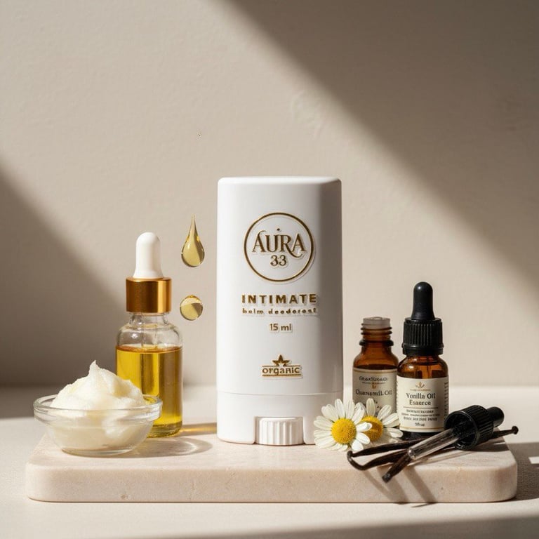Органічний інтимний дезодорант-бальзам AURA 33 з натуральними ефірними оліями та флакончиками з вані