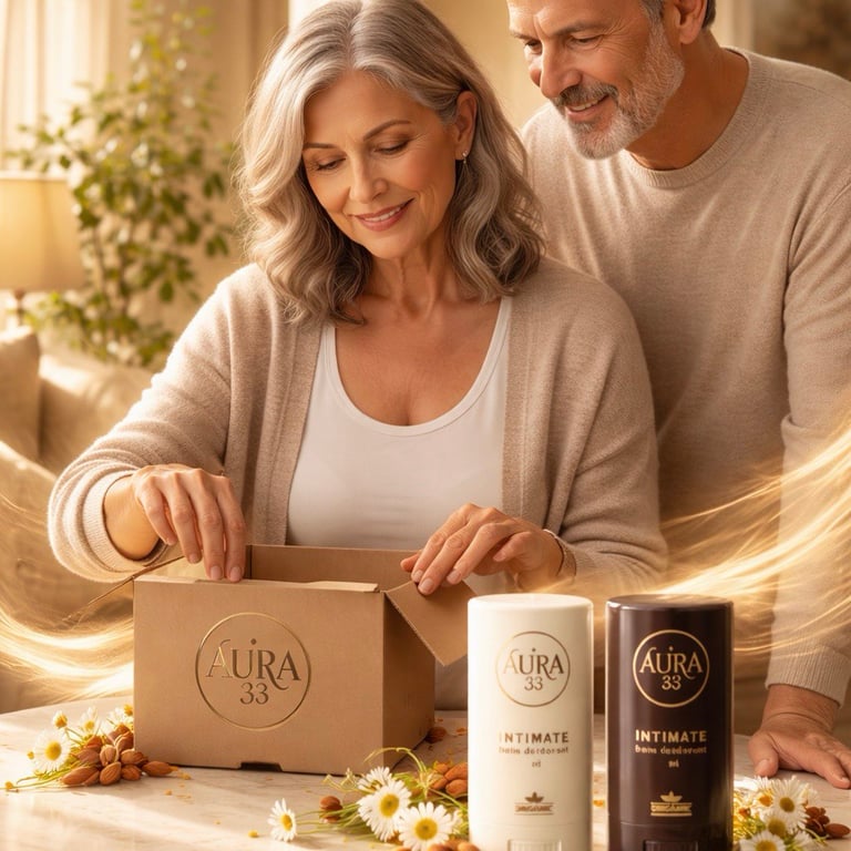 Усміхнена зріла пара відкриває подарункову коробку Aura 33 поруч із інтимними дезодорантами-бальзама
