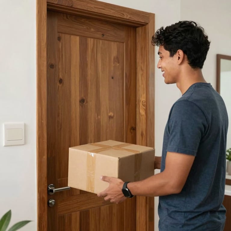Smiling customer receiving a well-packaged parcel at the wooden door of a modern South American home.