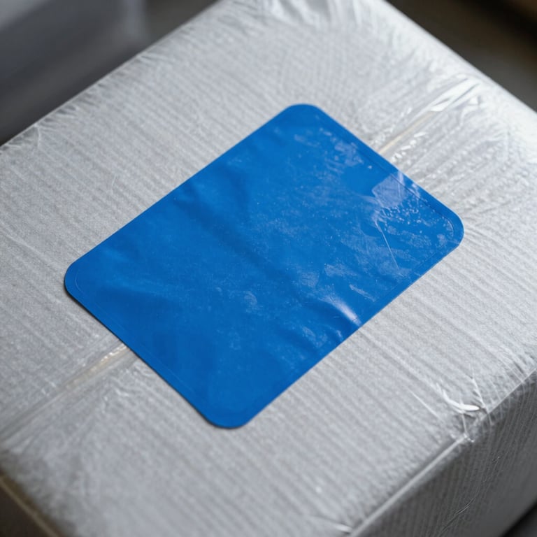 A detailed shot of a secure package with a vibrant blue delivery seal on a silver background.