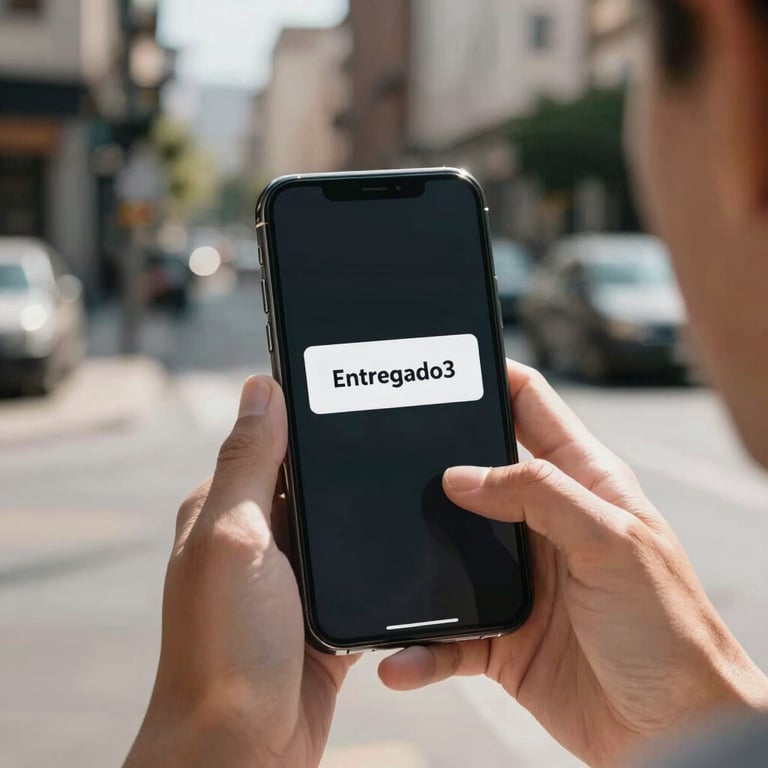 A person's hands holding a phone with a notification that reads 'Entregado' in a sunny urban setting.