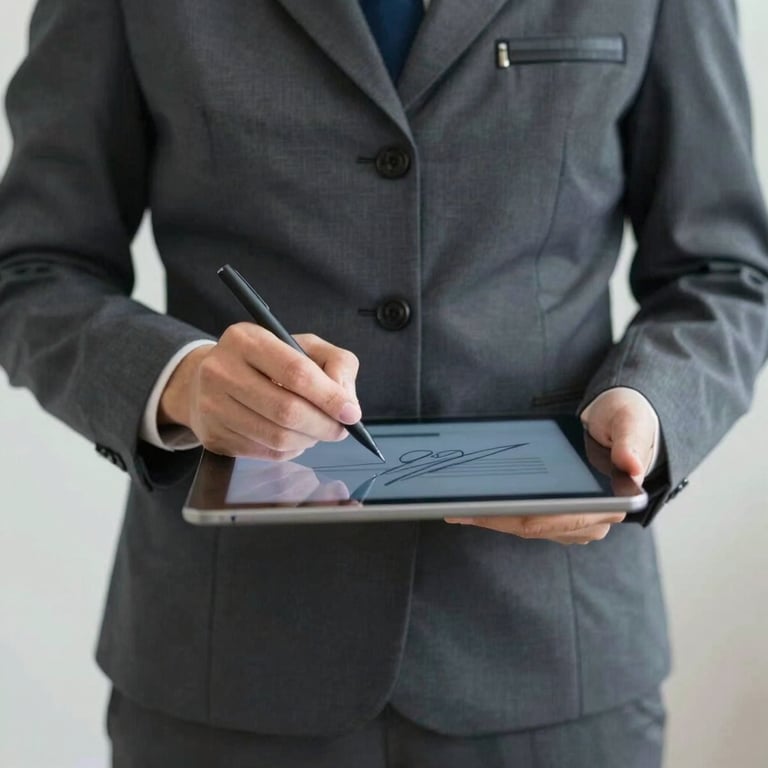 Courier holding a digital tablet for a signature, wearing a professional uniform in charcoal gray.