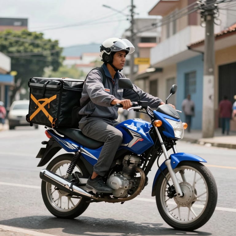 Professional delivery person on a clean blue motorcycle in a South American city street, daylight photography.