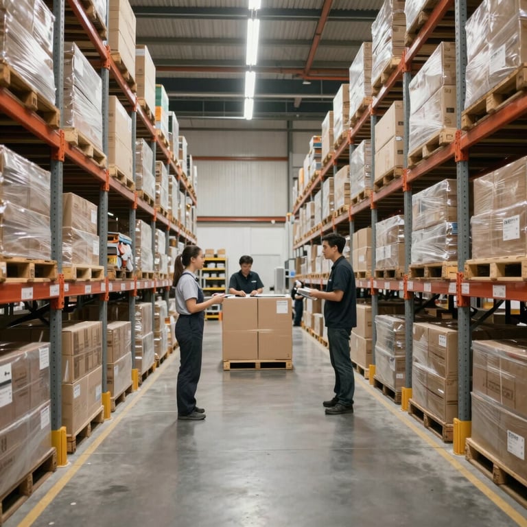 Wide shot of a modern, organized distribution center with bright lighting and professional staff.