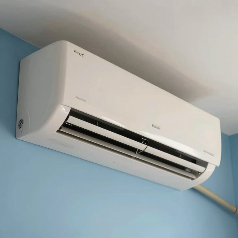Close-up of a modern wall-mounted air conditioner in a bright Brazilian room, off-white and sky blue tones.