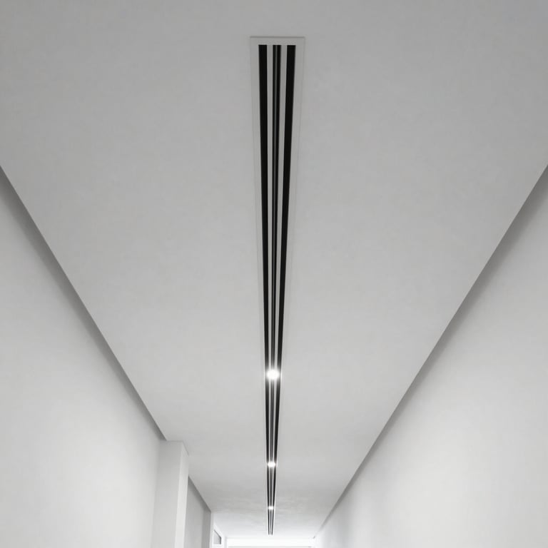 Minimalist ceiling view showing sleek linear air diffusers in a modern white office corridor.