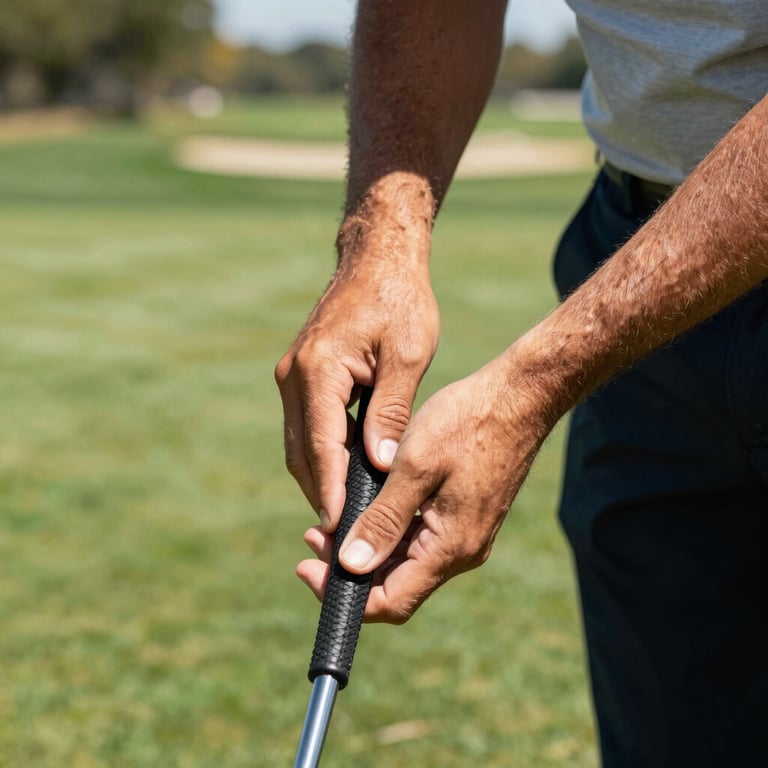 A close-up shot of a golfer's hands on a leather grip, bright midday light at an upscale North American golf course.