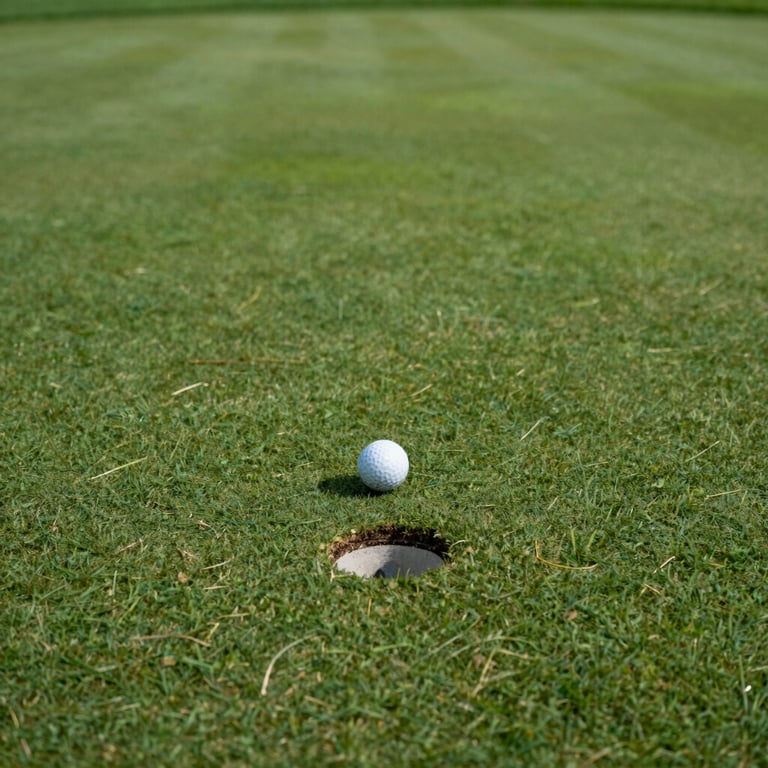 A golf ball rolling smoothly toward a clean hole on a perfectly manicured putting green.