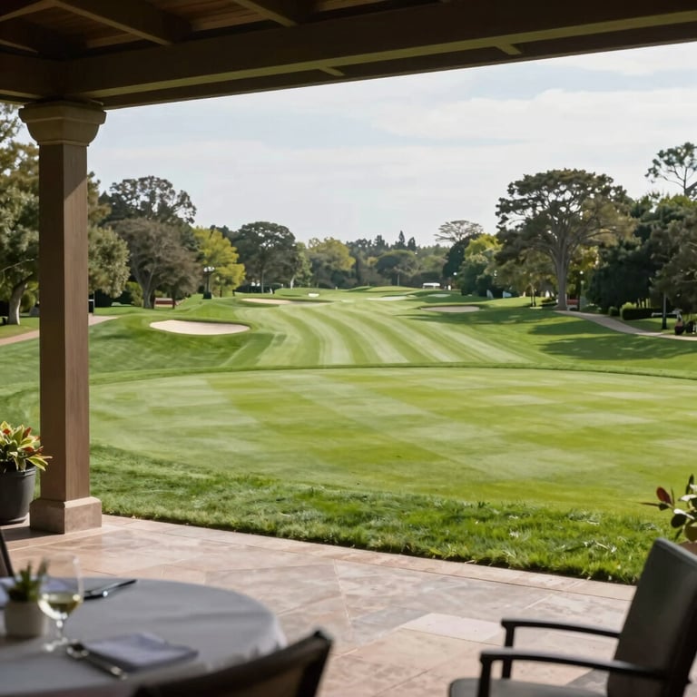 An elegant golf clubhouse patio overlooking pristine rolling fairways, professional photography style.