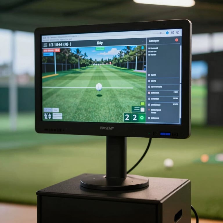 A modern launch monitor showing simulated ball flight data on a screen at an indoor golf facility.