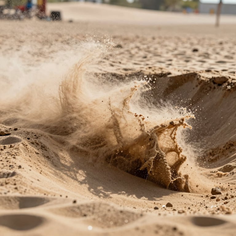 A high-speed capture of sand splashing from a bunker shot on a sunny afternoon.