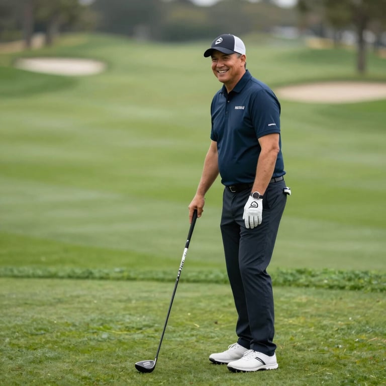 A professional golf coach smiling, holding a driver, standing on a lush green tee box, North American country club setting.