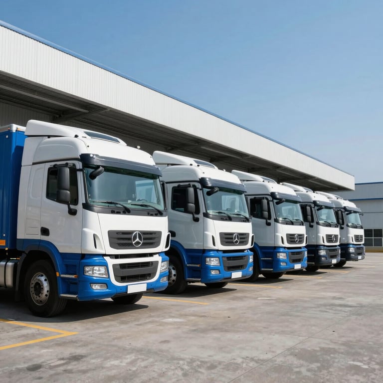 A fleet of blue and white distribution trucks lined up at a modern warehouse loading dock under clear blue sky.