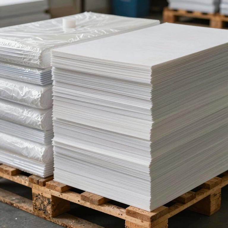 High-quality close-up of wholesale packaging materials and office supplies stacked neatly on wooden pallets.