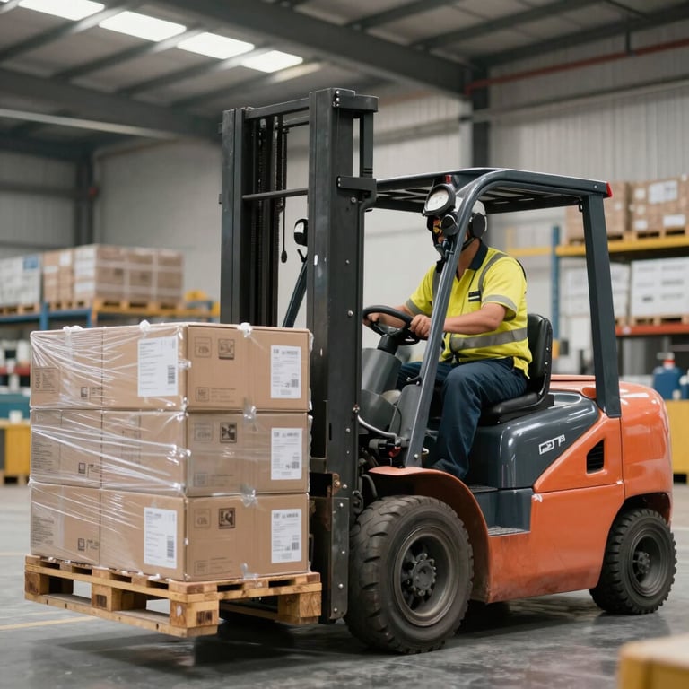 A forklift operator carefully moving a pallet of boxed goods in a high-ceilinged logistics center.