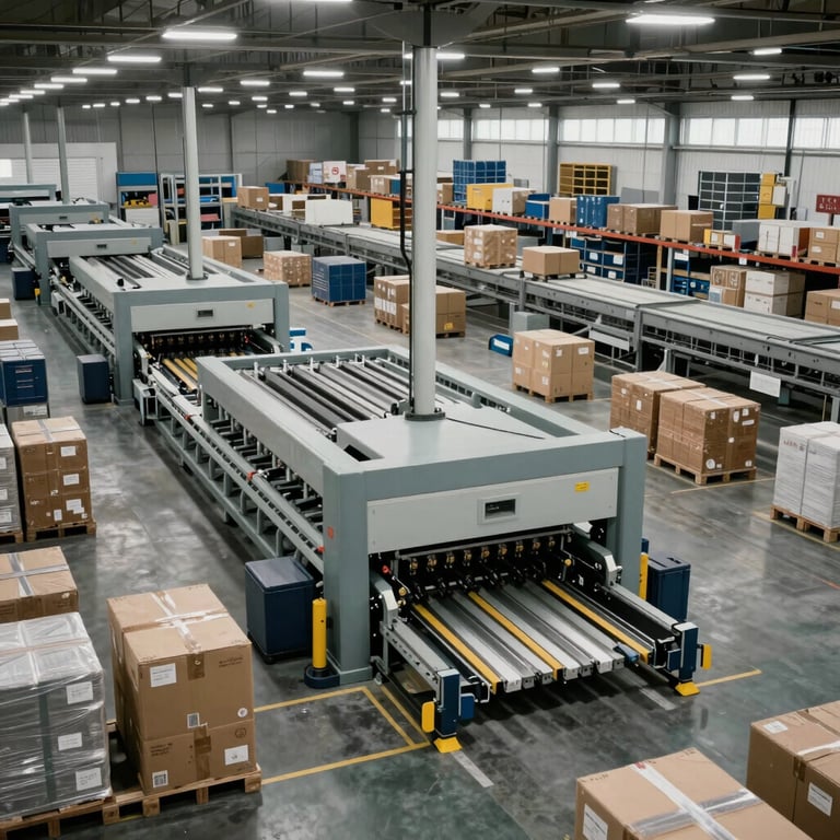An expansive interior view of a logistics hub with high-tech sorting systems and organized cargo ready for transport.