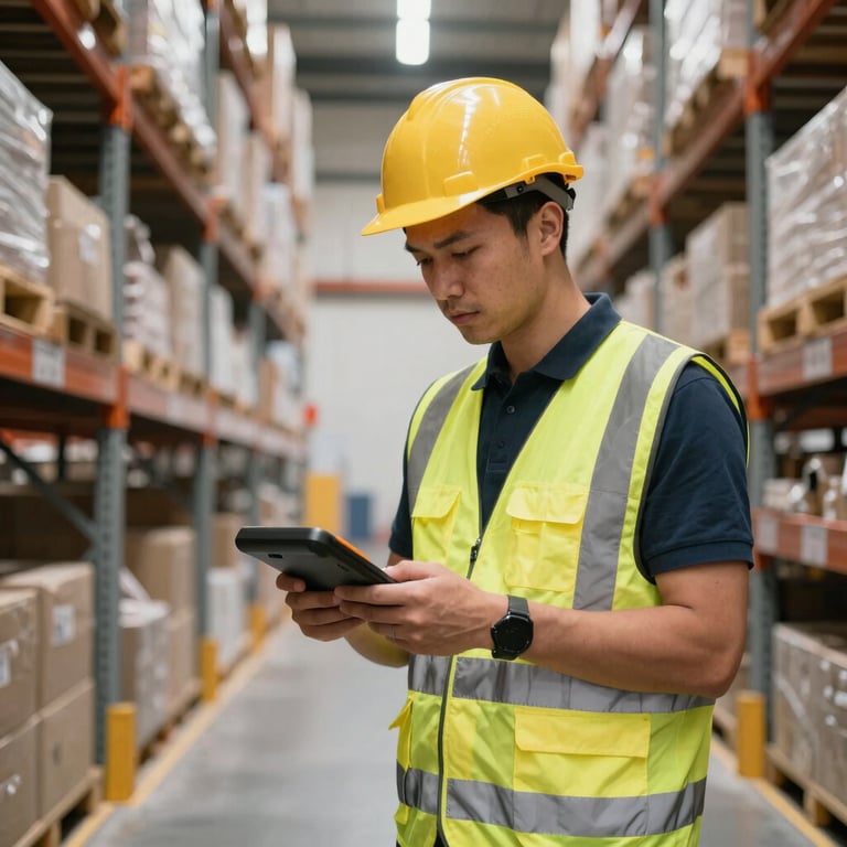 A professional warehouse worker in safety gear using a handheld scanner to check stock in a bright, modern aisle.