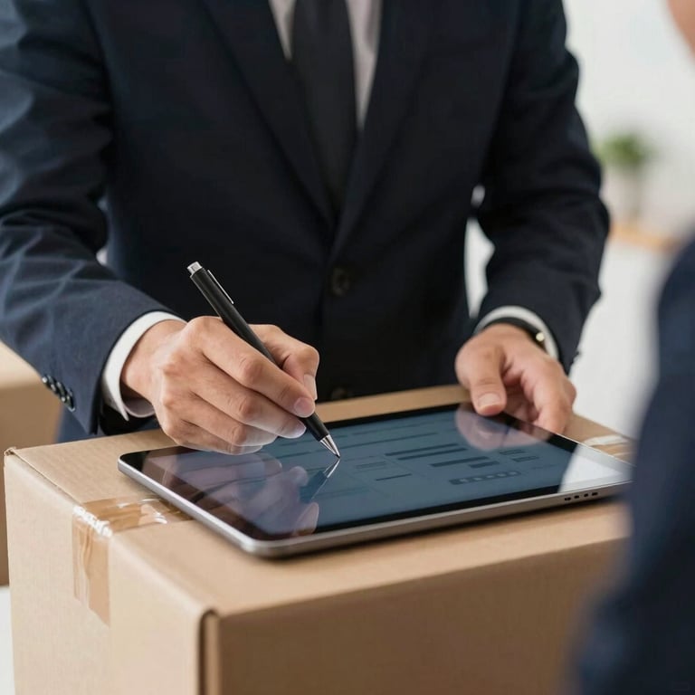 A business owner signing for a delivery on a digital tablet, reflecting a successful and trustworthy transaction.