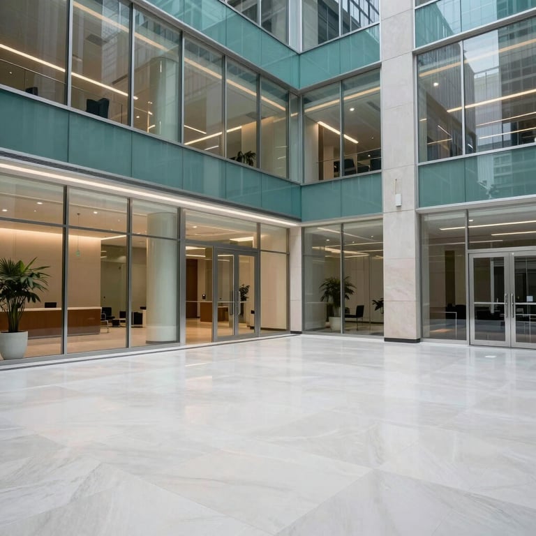 A spotless modern corporate office lobby in a US city with teal accents and glass walls.