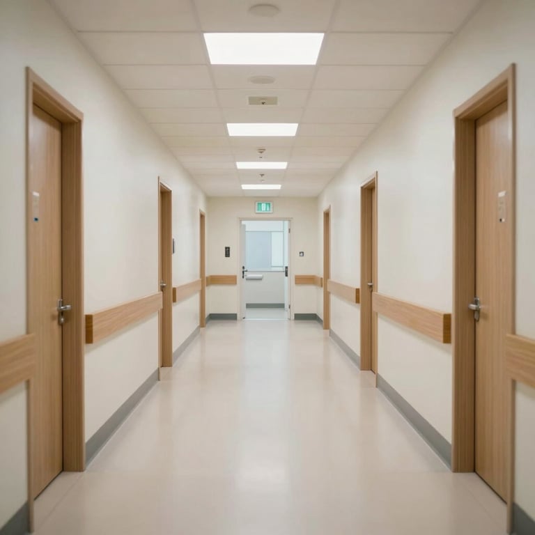 The clean and sterile interior of a North American healthcare facility hallway.