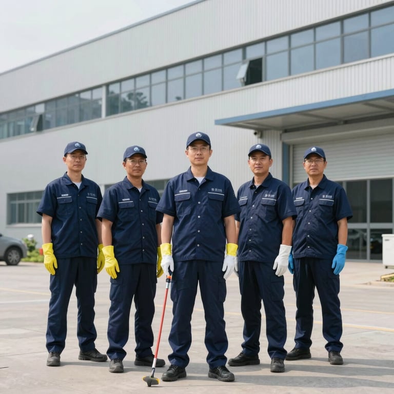 A team of cleaning professionals in branded dark blue uniforms standing in front of a modern industrial site.