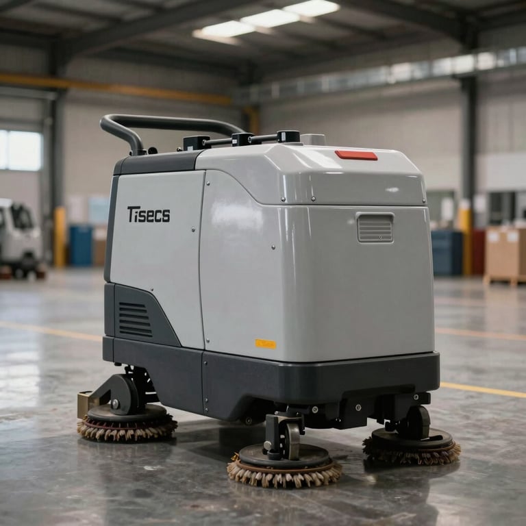 A professional grade floor scrubbing machine parked on a vast, shiny warehouse floor.