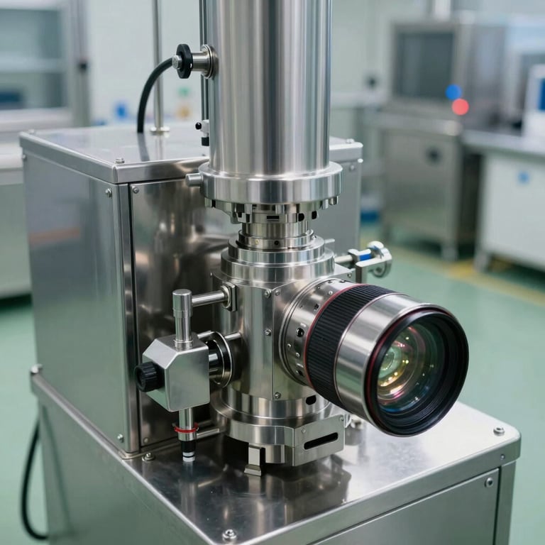 A high-angle view of a clean pharmaceutical production line with stainless steel equipment.
