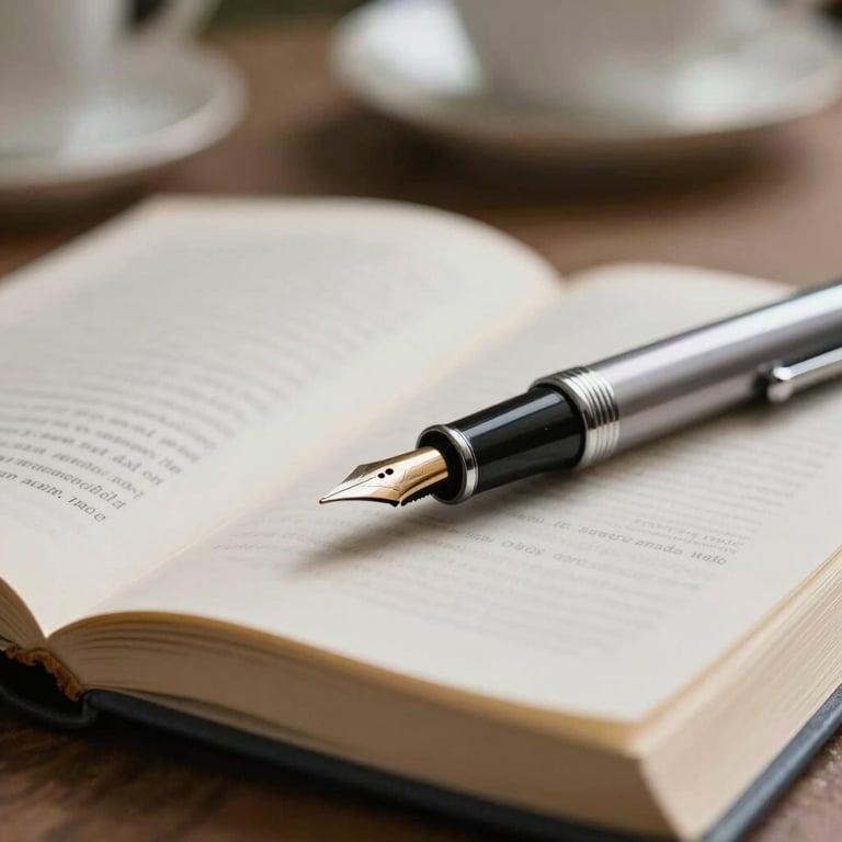 A close-up of a fountain pen resting on a page of a novel, with blurred kitchen activity in the far background.