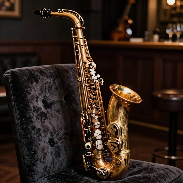 Detail of a vintage saxophone resting on a velvet chair in a dimly lit jazz club atmosphere.