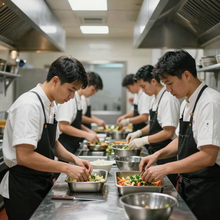 A wide shot of a professional kitchen team working in harmony, captured in a moment of organized intensity.