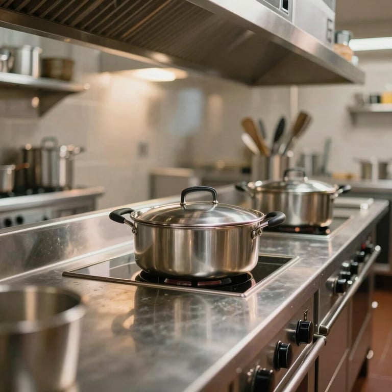 An organized executive kitchen pass with metallic surfaces reflecting warm indoor lighting.