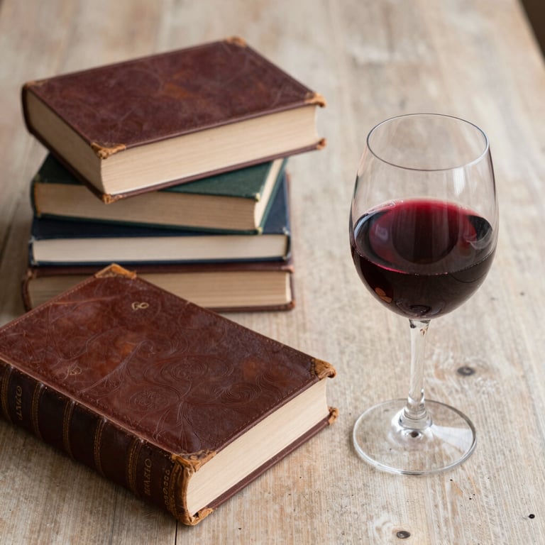 A collection of old leather-bound books and a glass of red wine on a rustic sand-colored table.