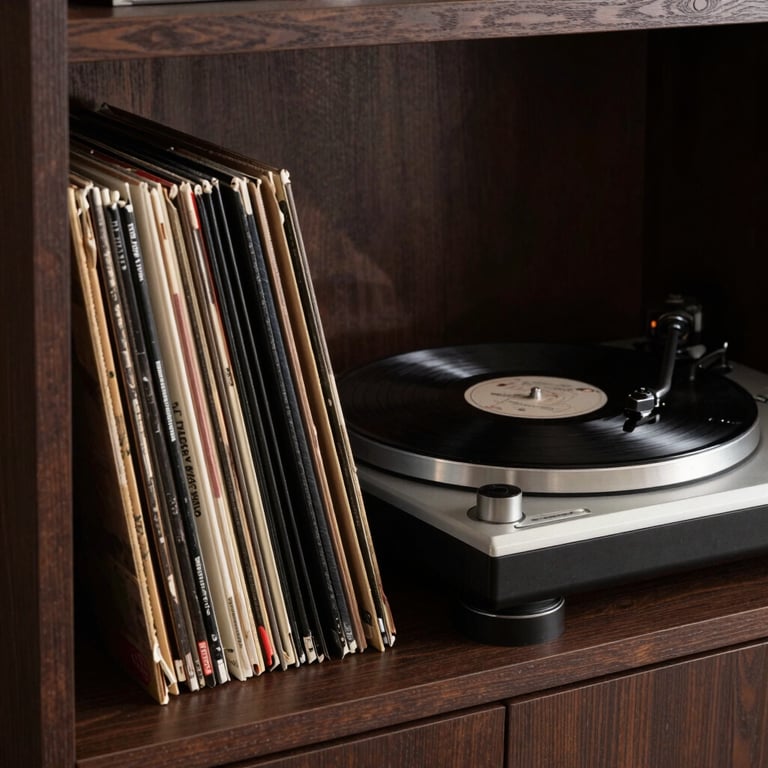 Soft light hitting a stack of vinyl records and a high-end turntable on a dark wood shelf.