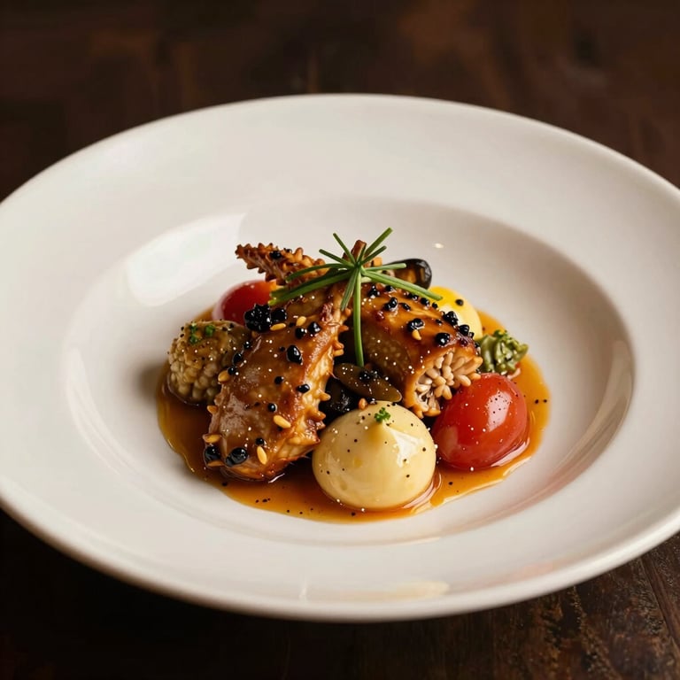 A plated Mediterranean dish featuring vibrant textures and elegant presentation on a cream ceramic plate.