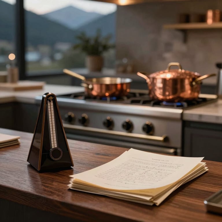Close-up of a chef's hands in a crisp white jacket carefully placing a garnish with tweezers, warm terracotta lighting, Southern European setting.