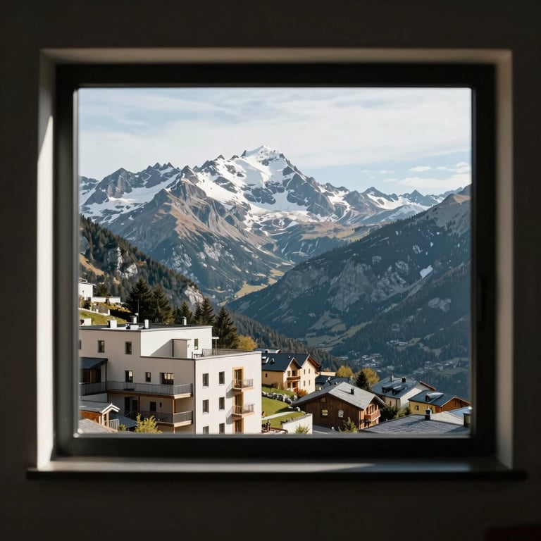 A view of the Andorra mountains from a modern window, where silence meets vanguard architecture, sharp daylight.