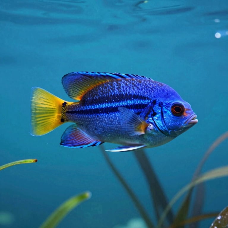A vibrant tropical fish swimming through clear water among #94B5A5 colored plants.