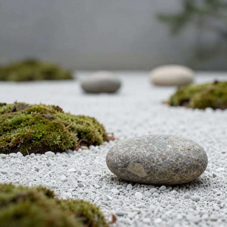 A minimalist Zen garden landscape with smooth stones and mossy accents.