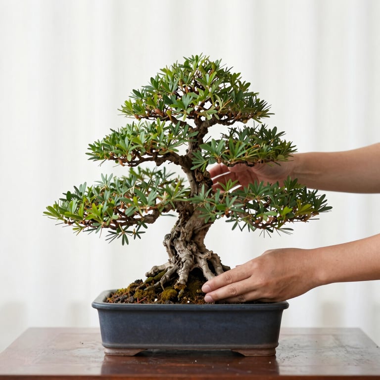 Hands gently tending to a rare bonsai tree in a bright, airy studio.