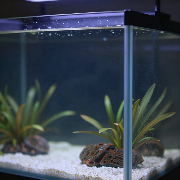 Detailed close-up of a professionally scaped aquarium with dark #0A2E2A depths.