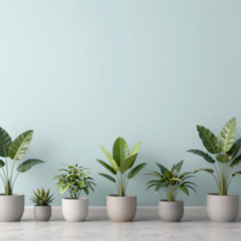 An elegant row of indoor potted plants against a clean #EDF3F1 wall.