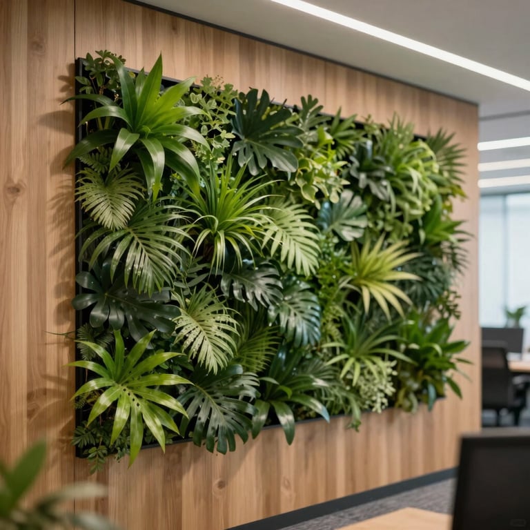 A lush green living wall integrated into a modern wood-paneled office.