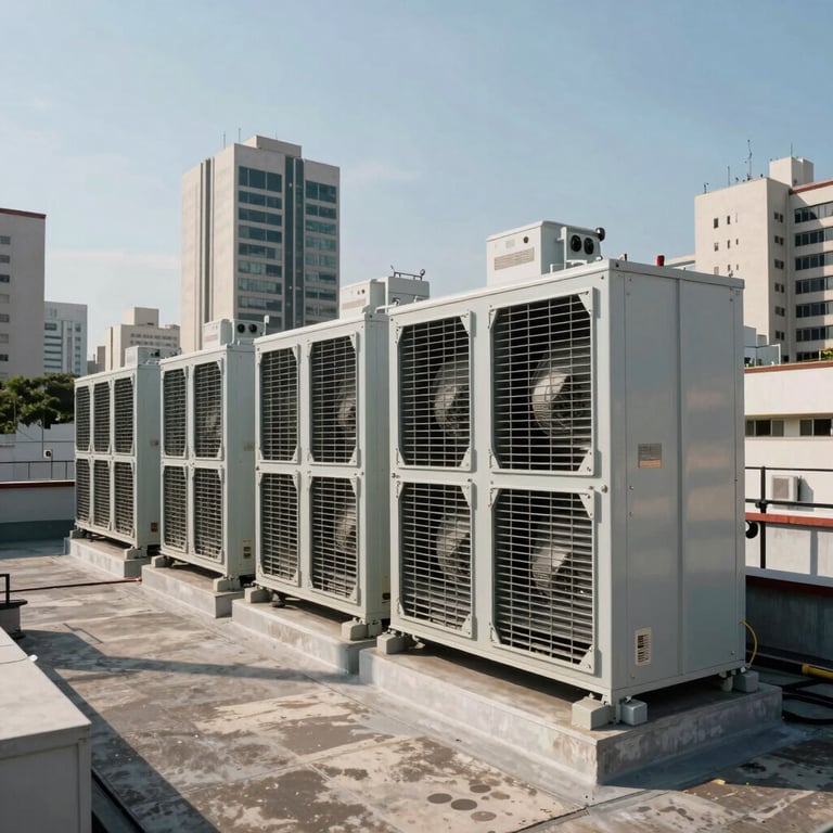 A row of large industrial chillers on a skyscraper rooftop in a Brazilian city, clear sky, professional photography.