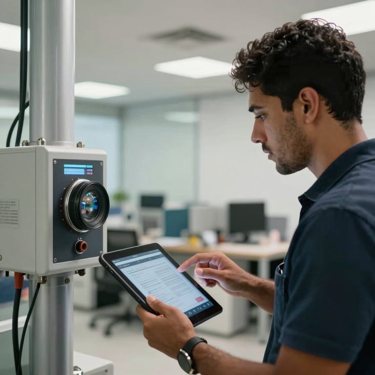 A technician using a digital tablet to monitor a ventilation system in a modern office building, South American / Brazilian context.