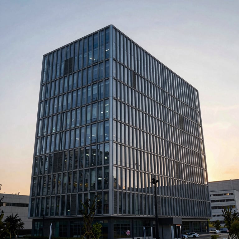 Exterior view of a modern corporate building with visible but integrated cooling infrastructure, soft sunset lighting.