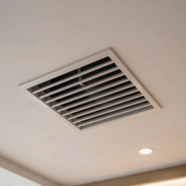 Detail of a clean, modern air vent integrated into a high-end architectural ceiling, soft professional lighting.
